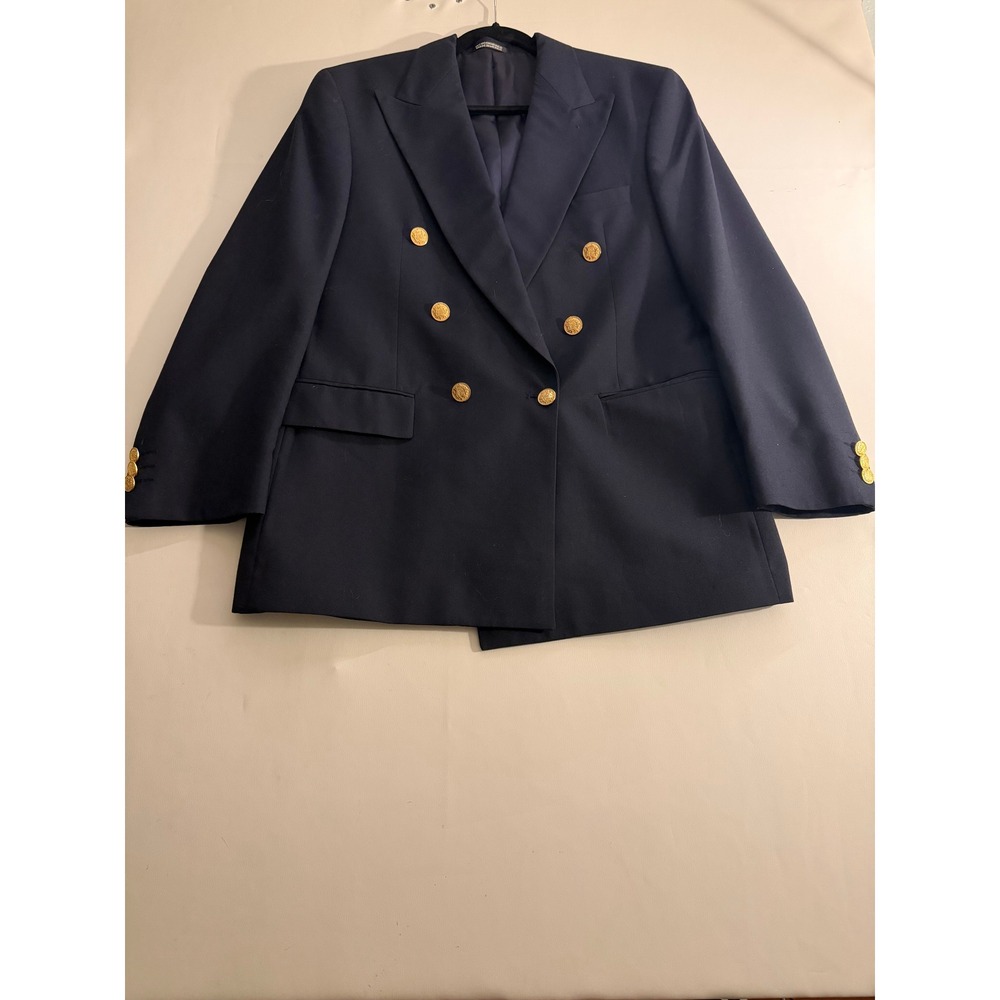 Alldonel Navy Blue Double Breasted Blazer Gold Crest Buttons Mens Suit Jacket
